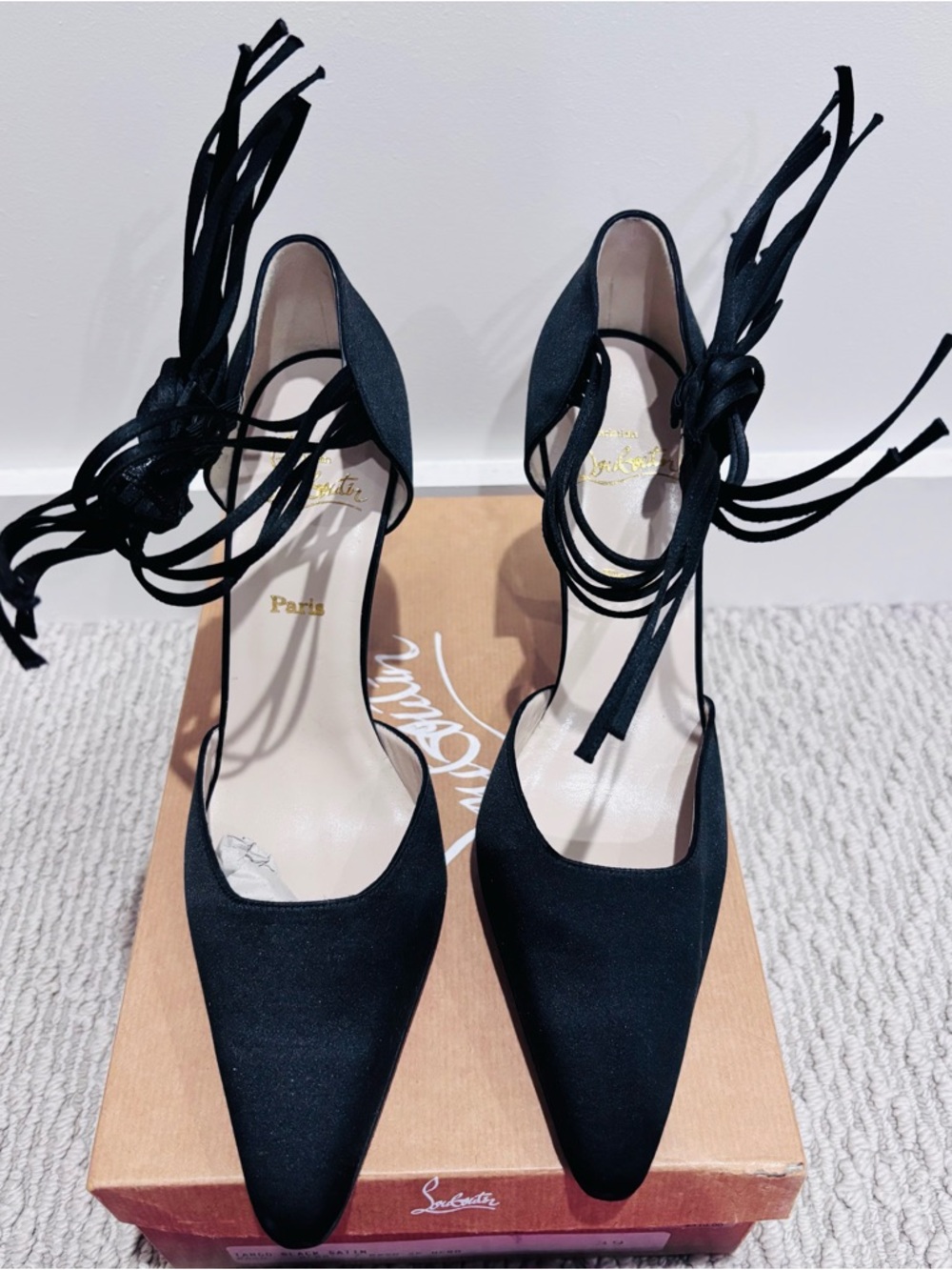 Christian Louboutin Black Satin Pointed Tie-Ankle Pumps